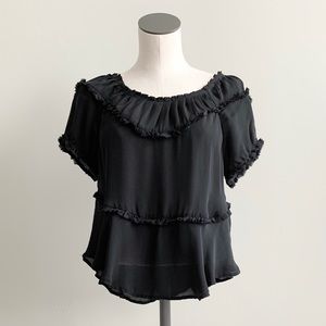 Joie Silk Puff Short Sleeve Ruffle Pleated Blouse Black Size L